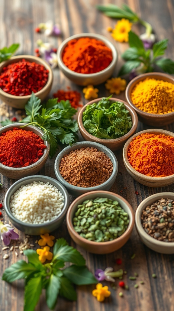 An assortment of colorful herbs and spices in bowls on a wooden table, with fresh herbs and flowers.